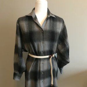 Vintage Grey Plaid Flannel Long Shirt Dress Grunge Outdoor Jacket, Size 9/10 L